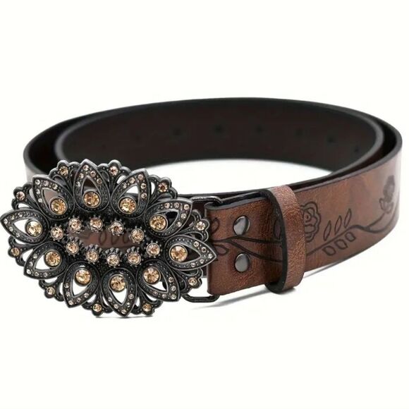 Brown Floral Embossed Vegan Leather Belt with Ornate Buckle Rodeo Style - Picture 1 of 8